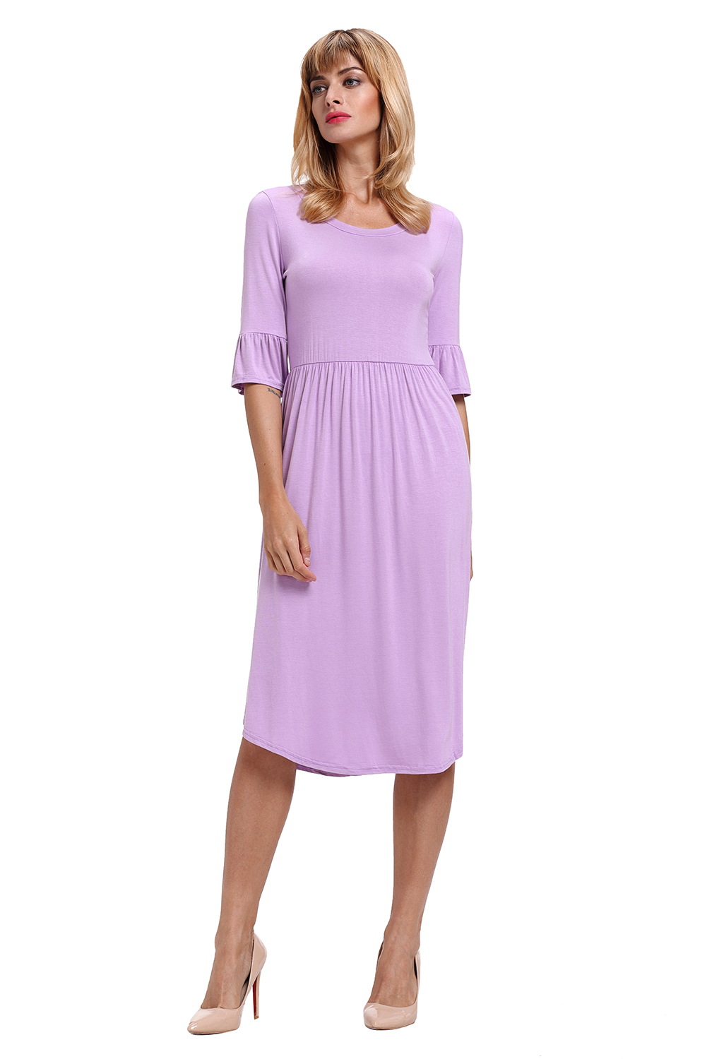 BY61652-8 Purple Ruffle Sleeve Midi Jersey Dress